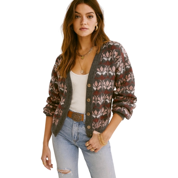 Y2K Indie Knit Cardigan Sweater Oversized Boho Grunge Floral Pattern M - Picture 1 of 7